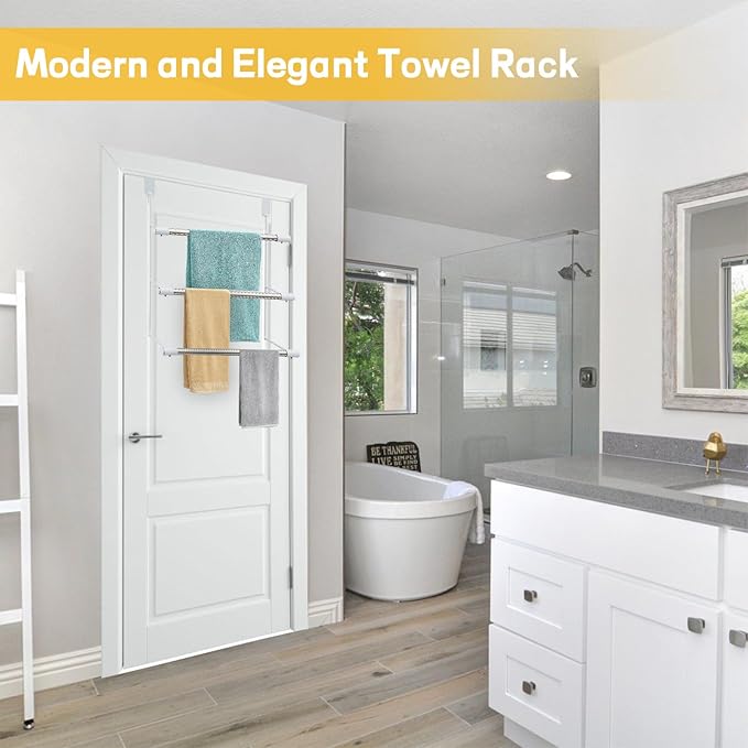 Over The Door Towel Rack, 3 Tier Stainless Steel Bathroom Towel Holder, Heavy Duty Space Saving Organizer No Drill Towel Rack for Bathroom, Bedroom, Kitchen, Dorm, RV