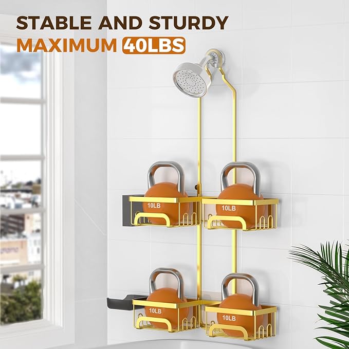 REINHARDT Shower Caddy Hanging for Handheld Showerheads Adjustable Split Shower Caddy, Rustproof Shower Organizer with Hooks for Razors Over the Head Caddy with Soap Holder Bathroom Accessories, Gold