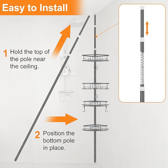 Corner Shower Caddy Tension Pole, Tension Rod Organizer, 4-Tier Adjustable Floor to Ceiling Shower Caddy 33-127inch, No Drilling Shower Shelf for Inside Shower (Gray)