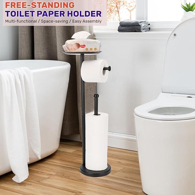 Black Toilet Paper Holder Stand, Freestanding Toilet Paper Holder with Shelf for Small Items, Toilet Paper Stand with Storage Space for 4 Extra Toilet Paper Rolls