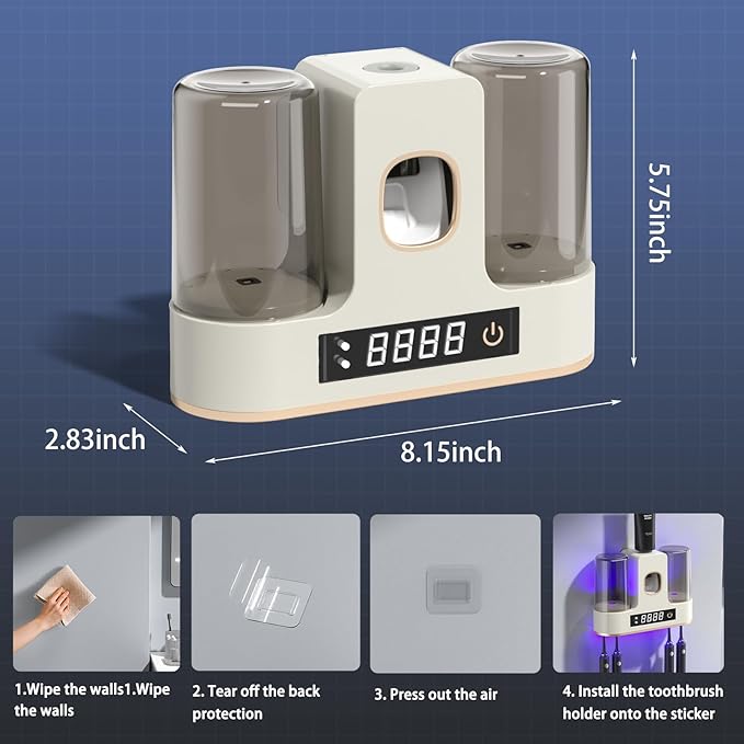 Electric Toothbrush Holders for Bathrooms, Dustproof Smart Toothbrush Holder Wall Mounted - 4 Brush/2 Cups, Auto Toothpaste Dispenser, Hot Air Drying & LCD Display,Toothbrush Cleaner (White)