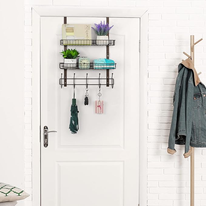 OYEAL Over The Door Hook Rack with 5 Hooks 2 Baskets Steel, Sturdy Durable Coat Rack Towel Hooks Hanging Organizer Shelves for Home Bedroom Bathroom Kitchen, Brown