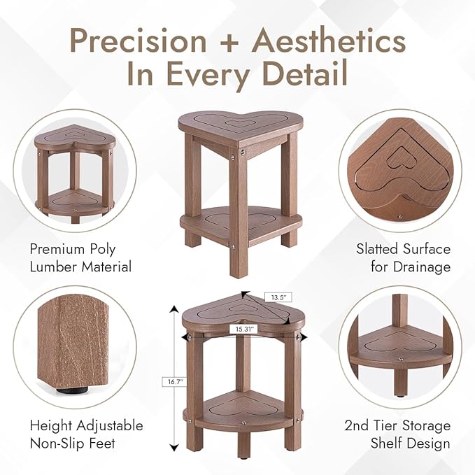 Corner Shower Stool for Inside Shower - Waterproof Corner Shower Bench, HDPE Plastic Bathroom Bench, Adjustable Height Corner Chair for Shaving Legs,Storage Shelf,Non-Slip Feet，Brown