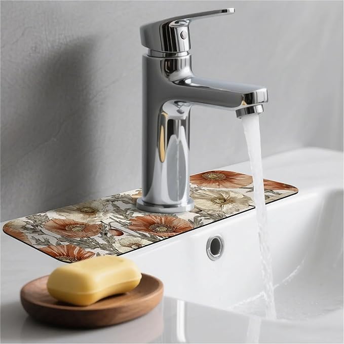 Kitchen Sink Splash Guard，orange and brown poppies Faucet Mat Sink Gadgets-Super Absorbent Fast Drying Mat Drip Catcher for Kitchen, Bathroom,Sink Mat, Dish Drying Mat, Bathroom(15" X 5.5" )