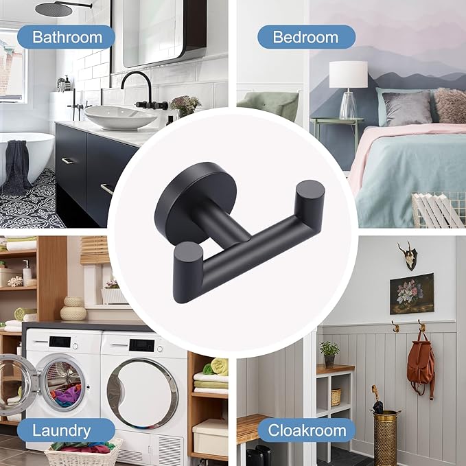 ALEASHA Shower Towel Hook for Bathroom, Stainless Steel Double Towel Hanger, Wall Mount Heavy Duty Bath Robe Hook Holder, Matte Black