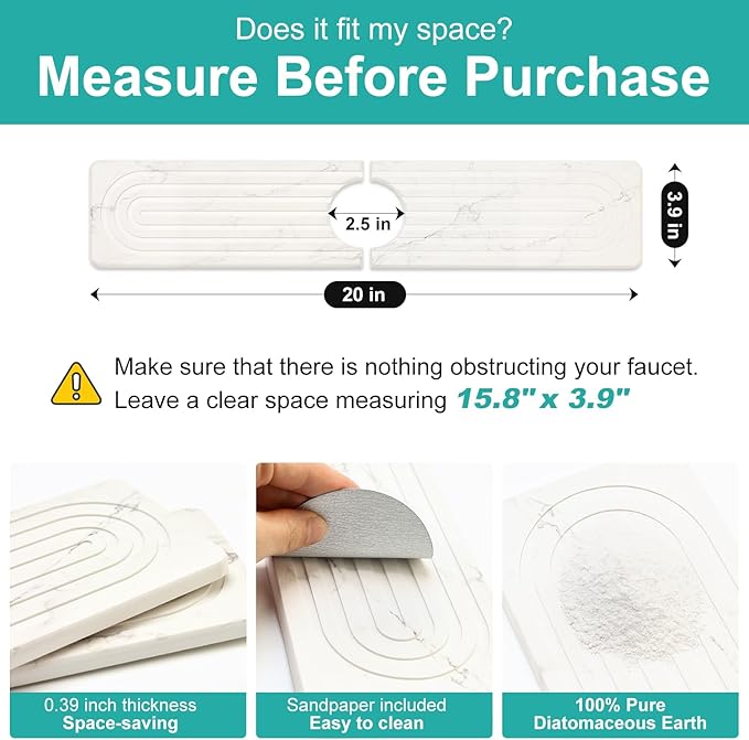 Small White Marble Stone Faucet Mat for Kitchen Sink Water Absorbing Durable Protector for Bathroom Counter Diatomite Quick Drying Stone Tray Sink Splash Guard Kitchen Counter Accessories