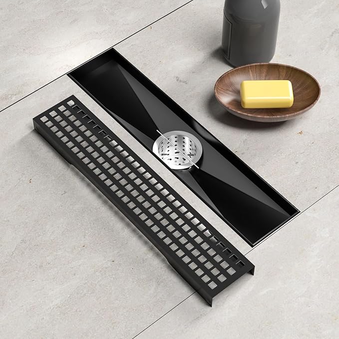 Linear Shower Drain 12 Inch Rectangular Floor Drain with Removable Square Hole Cover and Hair Catcher, Long Shower Drains 304 Stainless Steel CUPC Certified (Matte Black)