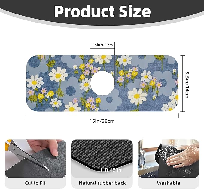 Daisy Flowers Dish Drying Mat for Kitchen Counter, 16"x18" Microfiber Absorbent Fast Dry Mat, 2Pcs Dish Mat Faucet Mats Sets, Large Drying Kitchen Mat Kitchen Drying Pad Coffee Bar Decor Gifts