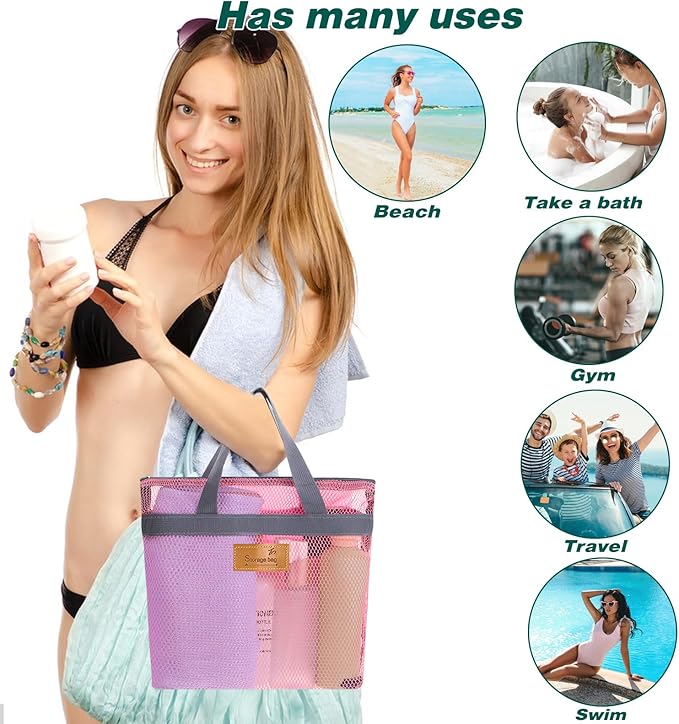 KALIONE Mesh Shower Caddy Bag, Portable Gym Shower Bag, Quick Dry Hanging Toiletry and Bath Organizer with Zipper for College Dorm, Gym, Yoga, Swimming Pool, Travel(Pink)