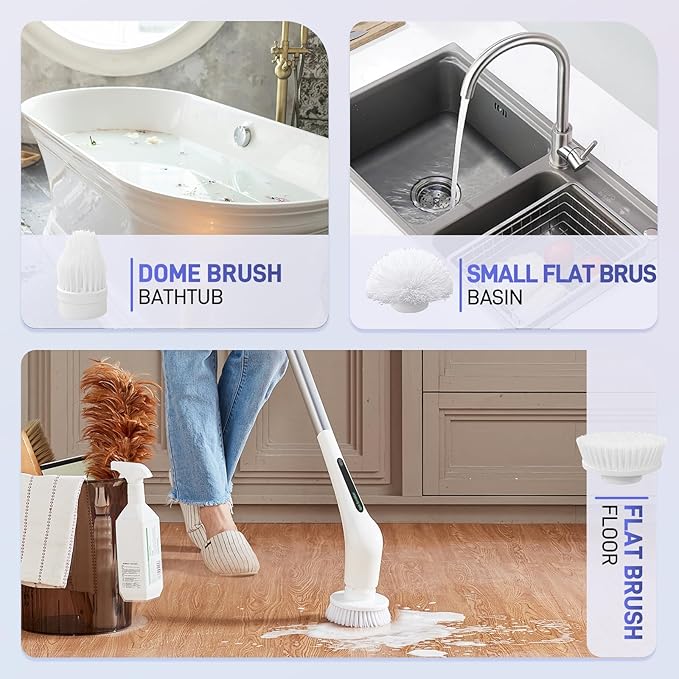 Electric Spin Scrubber - Bathtub Shower Scrubber,Bathroom Cleaning Brush with Long Handle Floor Brushes,Power Cordless Automatic Handheld Mop Cleaner for Bath Tub Kitchen Tile Grout Hardwood