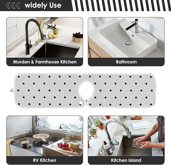2 PCS Kitchen Sink Splash Guard 30 Inch Faucet Mat for Kitchen Sink Bathroom Sink Faucet Absorbing Drip Drain Mat Pad Microfiber Soft Washable Black and White Polka Dot