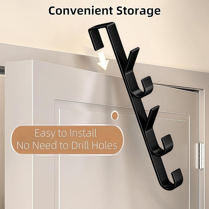 Over The Door Hooks, Door Hanger Hooks for Hanging Space Saving 5-Hook Organizer for Bathroom Apartment, Carbon Steel No Drill Hanger, Back of Door for Hanging Towel Rack, Clothes, Hat (3, Black)