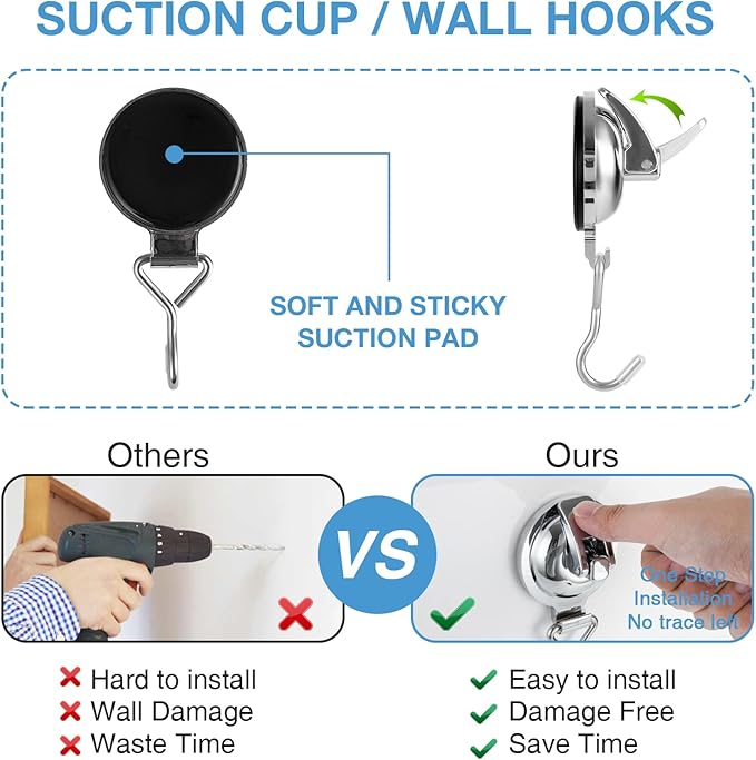 Heavy Duty Vacuum Wreath Cup Adhesive Hook，Hanging 13 lbs Robe Towel Hooks, Easy to Install and Remove, Super Suction for Kitchen，Bathroom and Restroom (Round Silver, 2Pack)