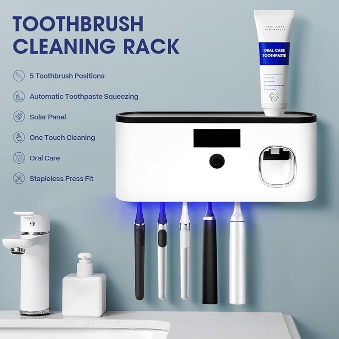 Toothbrush Sterilizer Holder Wall-Mounted | USB Rechargeable Automatic Toothpaste Dispenser, 5-Slot Bathroom Organizer with LED Display (Large)