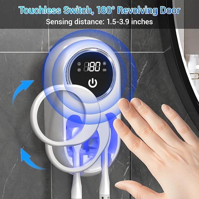 Smart Electric Toothbrush Holders for Bathrooms,Travel Toothbrush Holder with Motion-Sensing Cover,Auto-Clean & Instant Dry,2 Brush Slots,LED Display & USB Rechargeable (White)