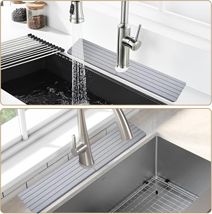 Quick Drying Stone Faucet Mat for Kitchen, Super Absorbent Diatomite Sink Tray Fast Drying Splash Guard, Durable Protector for Kitchen Sink/Bathroom Counter(23.6" x 3.9",Light Grey)
