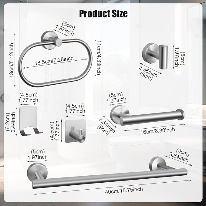 7 PCS Bathroom Hardware Set, Brushed Nickel Stainless Steel Bathroom Tower Rack Set Wall Mounted Includes 16" Towel Bar, Toilet Towel Paper Holder, Towel Ring, 4 Robe Towel Hooks