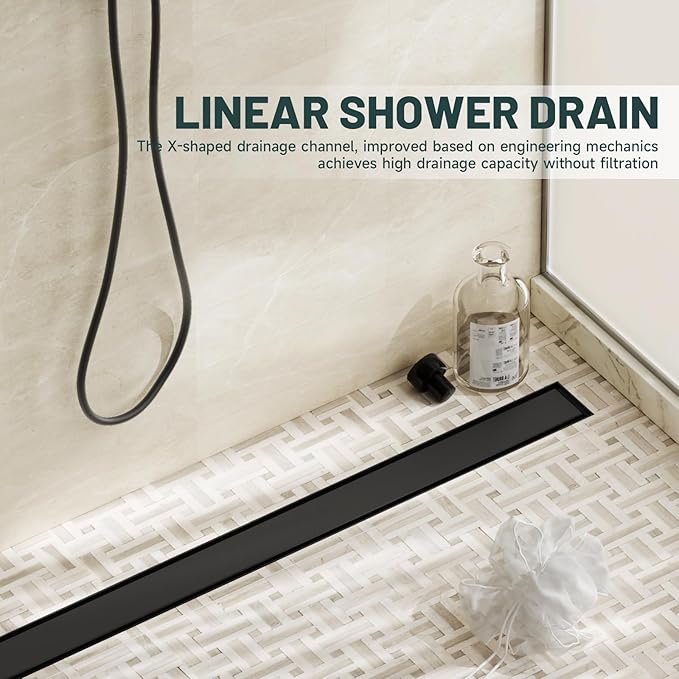 36-Inch Linear Shower Floor Drain, Stainless Steel Bathroom Floor Drains, Rectangular Shower Trench Floor Drain, Hair Strainer, Matte Black