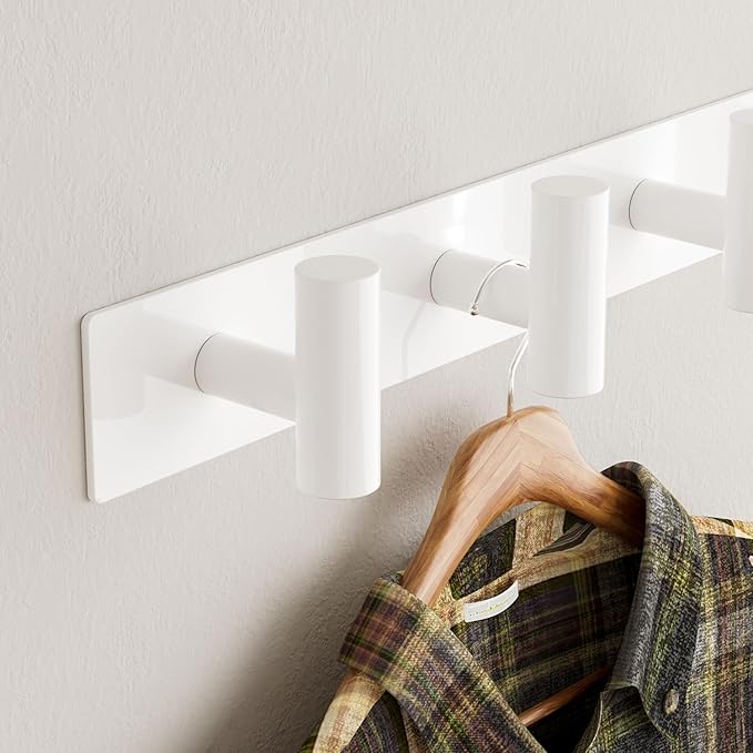 White Wall Mounted Coat Rack – 5 T-Shaped Pegs for Hats, Bags & Towels, Heavy-Duty Metal Rail for Entryway, Bathroom, Closet, Bedroom (1 Pack)