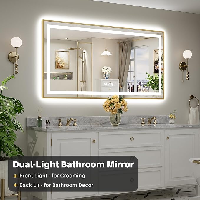 68x36 Inch LED Bathroom Mirror with Gold Frame, Backlit & Front Lit, Anti-Fog Lighted Bathroom Vanity Mirror for Wall, Memory Function, Dimmable, HD Tempered Glass, Shatter-Proof