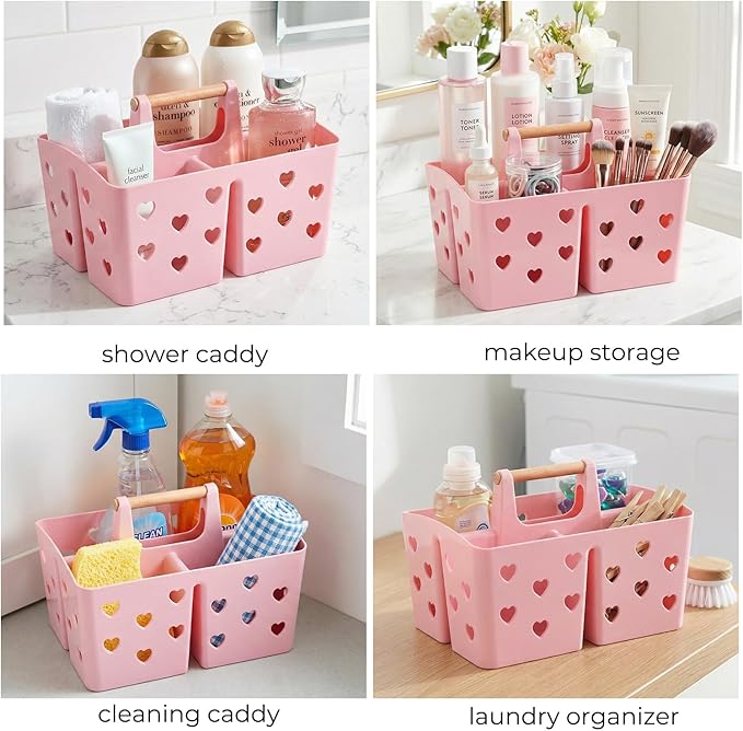 Pink Portable Shower Caddy with Handle, Large Plastic Shower Basket Organizer for College Dorm Room Essentials, Bathroom, Gym, Camping, Non-Slip Drainage Design for Toiletries & Cleaning Supplies