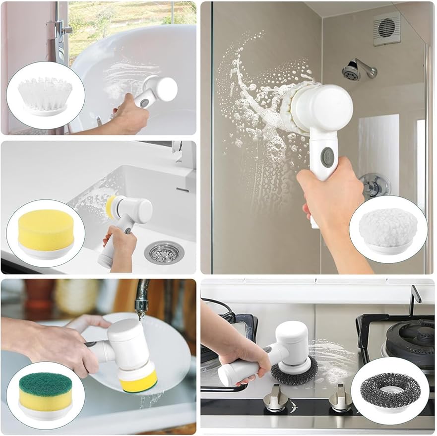 Electric Cleaning Brush Set with Replacement Heads, Handheld Power Scrubber for Kitchen, Bathroom, Shoes, Gray (White, 5 Replacement Brush Heads)