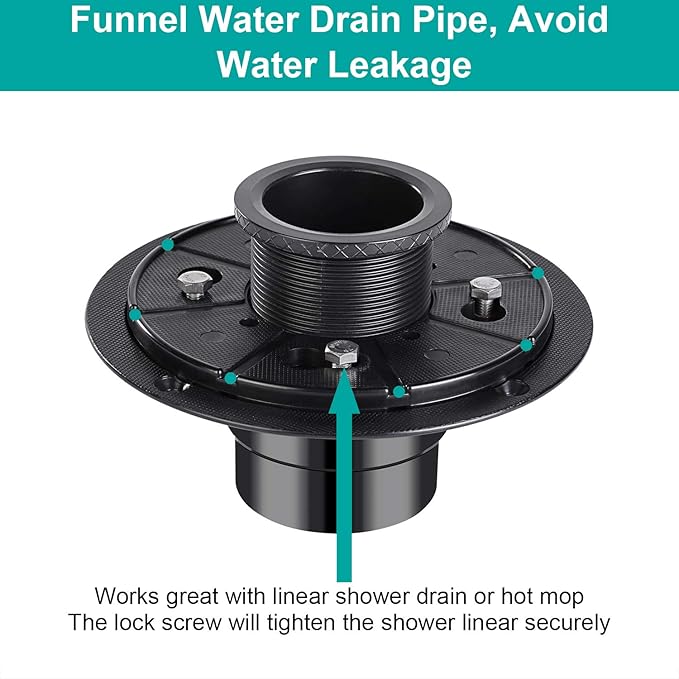 Shower Drain Base Flange Kit ABS Base, 2 inch Adjustable Thread Adapter with Rubber Gasket for No Hub Linear & Square Drain Installation