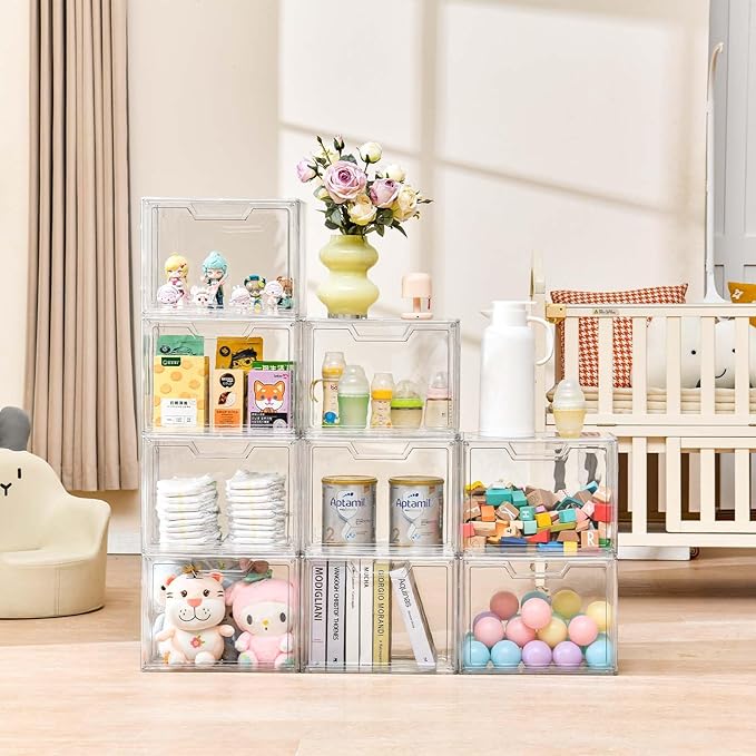 Stackable Storage Bins, Clear Acrylic Display Case, 9-Pack Acrylic Boxes with Lids, Clear Storage Containers Storage for Handbags, Collectibles & Figures