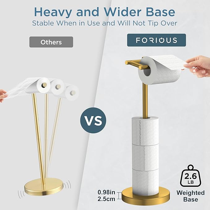 Toilet Paper Holder Stand Adjustable, Freestanding Tissue Roll Holder for Bathroom, Pivoting Design, Durable SUS 304 Stainless Steel and Weighted Base Toilet Paper Stand, Storage (Brushed Gold)