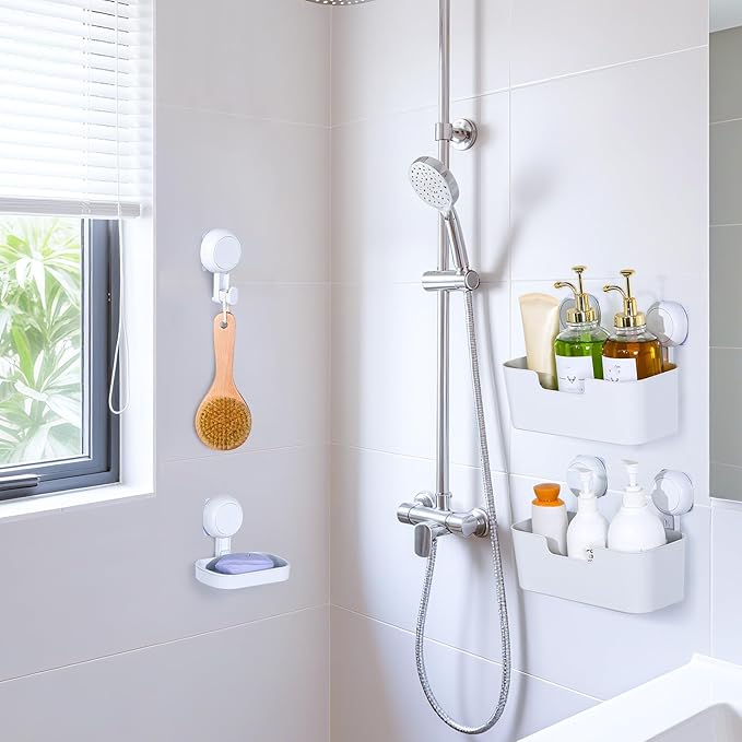 Shower Caddy, Organizer Removable Bathroom Shelf, 6 Pack Adhesive Organizers and Storage with No Drilling Hanging Shower Shelf, Removable Plastic Bathroom Accessories, White