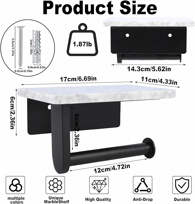 Toilet Paper Holder with Natural Marble Shelf for Bathroom Washroom,Wall Mounted Tissue Holder Suitable for Mega Roll (Small 6.7 * 4.3 in Matte Black)