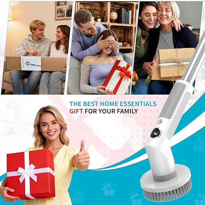 Electric Spin Scrubber, Cordless Cleaning Brush with 6 Replaceable Brush Heads, IPX7 Waterproof Bathroom Scrubber with Adjustable Extension Handle & Battery Level Display for Bathroom Kitchen Car