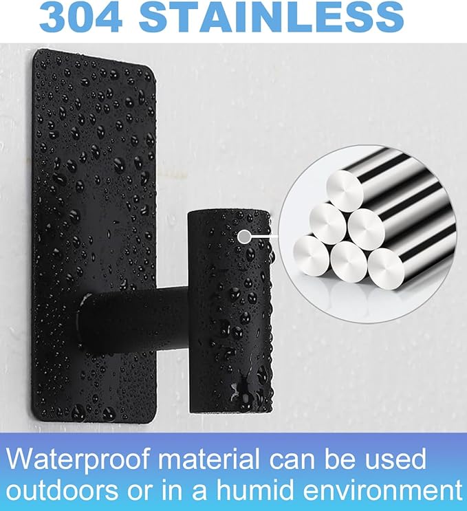 8 Pcs Towel Hooks Heavy Duty for Hanging，Adhesive Wall Hooks with Removable Strips，Sticky No Damage，Outdoor for Bathrooms，Shower，Stockings，Decor，Robe，Large，Black 304 Stainless Steel