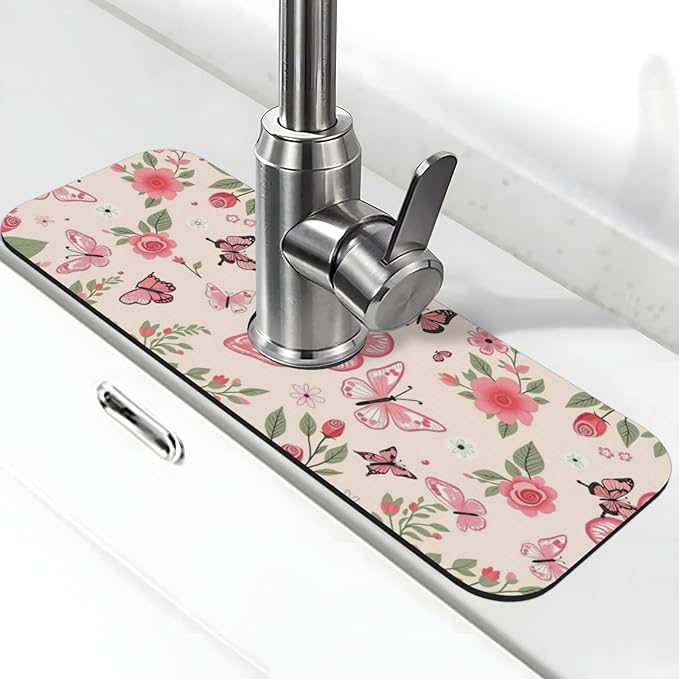 Butterfly Floral 15" X 5.5" Kitchen Sink Splash Guard, Faucet Guard Draining Mat, Faucet Suction Pad For Kitchen Bathroom