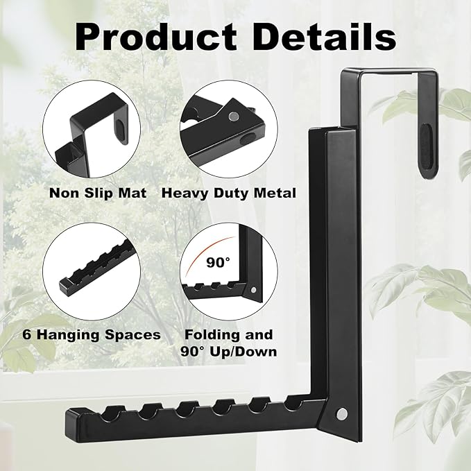 2 Pack Over The Door Hooks Hanger for Clothes, Foldable Over The Door Drying Rack for Laundry, Overdoor Hanger Hook with 6 Groves for Towel, Coat, Black