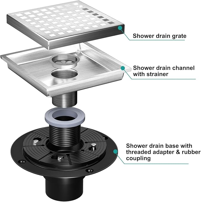 6 Inch Square Shower Drain, Shower Floor Drain with with Removable Square Hole Cover, 304 Stainless Steel Bathroom Drains with Flange (Brushed Nickel)