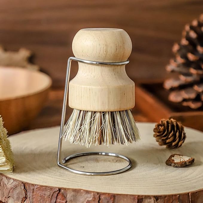Dish Scrub Brush - Wooden Handle Kitchen Scrubber | Stiff Bristles Cleaning Brush Drain Rack Holder Included Easy Grip Design for Sink Pots Pans Shower Bathroom Grout Tile Washing