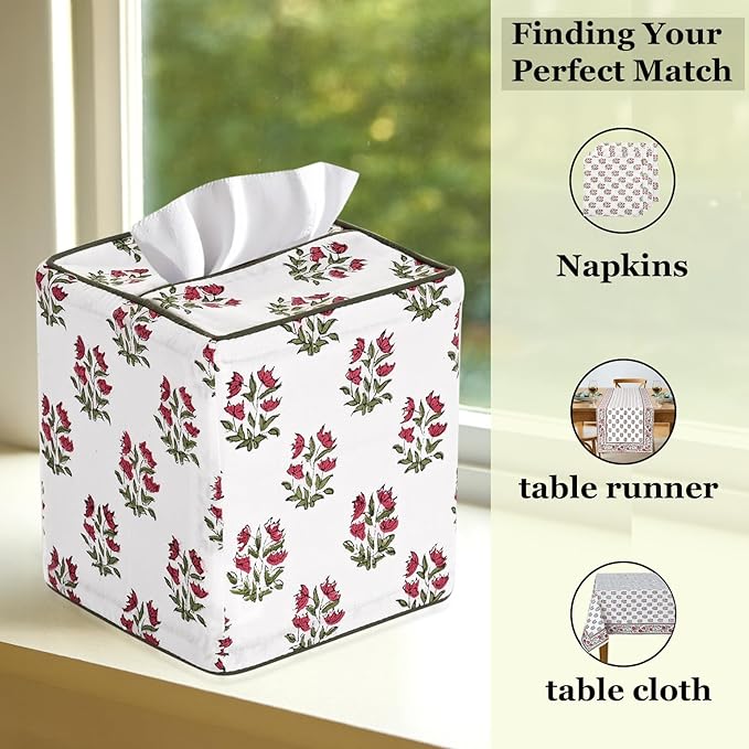 Ridhi Marmalade Red Block Print Tissue Box Cover – Handmade Cotton Fabric Tissue Holder for Home Bedroom Living Room Bathroom Vanity Car Nightstand Office Kitchen – Decorative Square Napkin Holder
