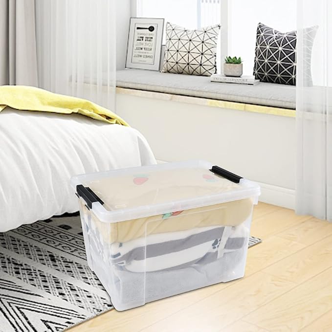Drephia 4 Pack Clear Latch Storage Bin with Lid and Wheels, 50 L Large Plastic Storage Container Box