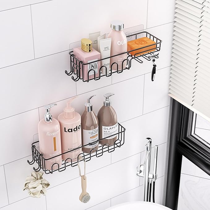 Adhesive Shower Caddy: 2 Bonus Hooks, 4-Pack Wall Mounted Bathroom Storage Shelf, Rustproof Metal Basket Organizer for Kitchen & Bathroom Drill Free Black