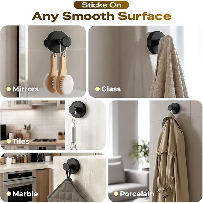 Upgraded Suction Cup Hooks for Shower, Heavy Duty Removable Towel Hooks for Bathroom Glass Door Wall, Stainless Steel Shower Hooks for Towel & Loofah (2 Pack, Black)