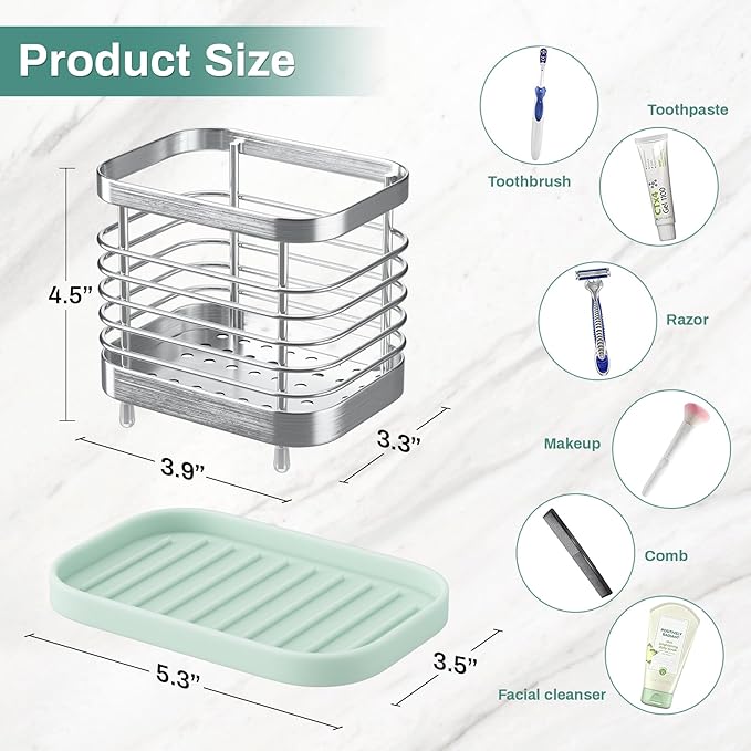 Tooth Brush Holder for Bathroom, Stainless Steel Shower Electric Toothbrush Holder Organizer Storage Cup with Tray, Kids Toothpaste Sink Caddy Stand, Silver Bathroom Countertop Accessories Decor