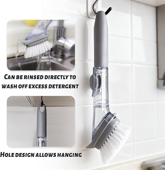 Dish Brush,Dish Scrubber with Soap Dispenser Dish Wand Kitchen Brushes for Dishes Includes Three Brush Heads