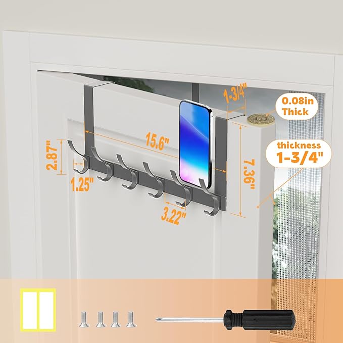Over The Door Hooks, Sturdy Door Hanger, Large Over The Door Towel Rack with 12 Hooks, Heavy Duty Easy to Install, for Bathroom, Bedroom，Kitchen，Hanging Towels, Coats (Grey)