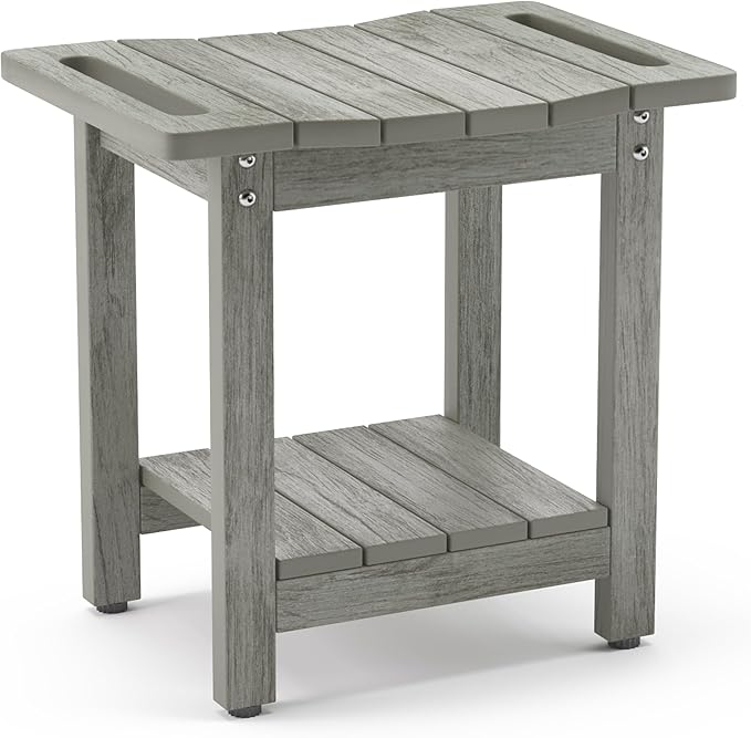 LUE BONA HDPS Shower Benches for Inside Shower, Gray Shower Stool for Shaving Legs with Shelf, Waterproof Shower Chair Seat for Spa Bathroom, Weather Resistant/Non-Slip/Handles/Indoor or Outdoor Use
