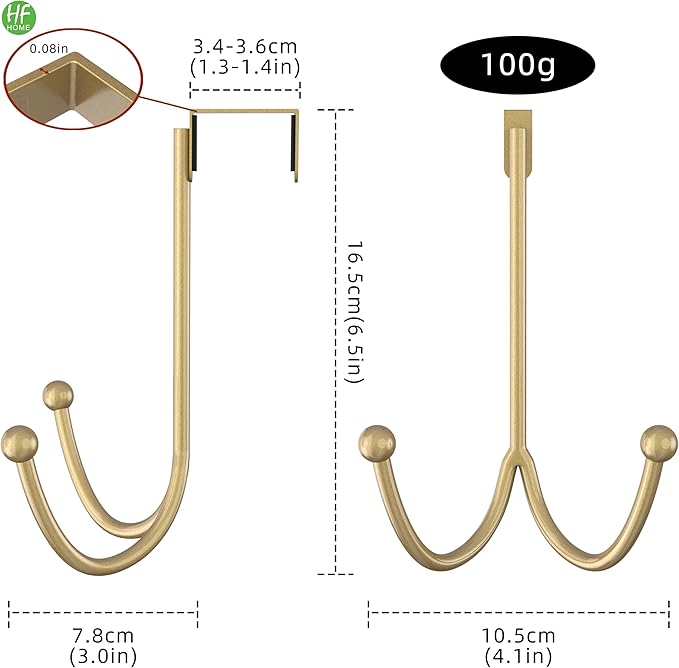 HFHOME 4 Packs Over The Door Double Hanger Hooks, Metal Twin Hooks Organizer for Hanging Coats, Hats, Robes, Towels- Gold