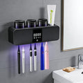 Smart Toothbrush Sterilizer & Holder with Toothpaste Dispenser - Shmian 6-Slots Wall Mounted Cleanser with Rapid Drying, LED Display and 3Cups, Rechargeable for Family Bathroom (Dark Grey)