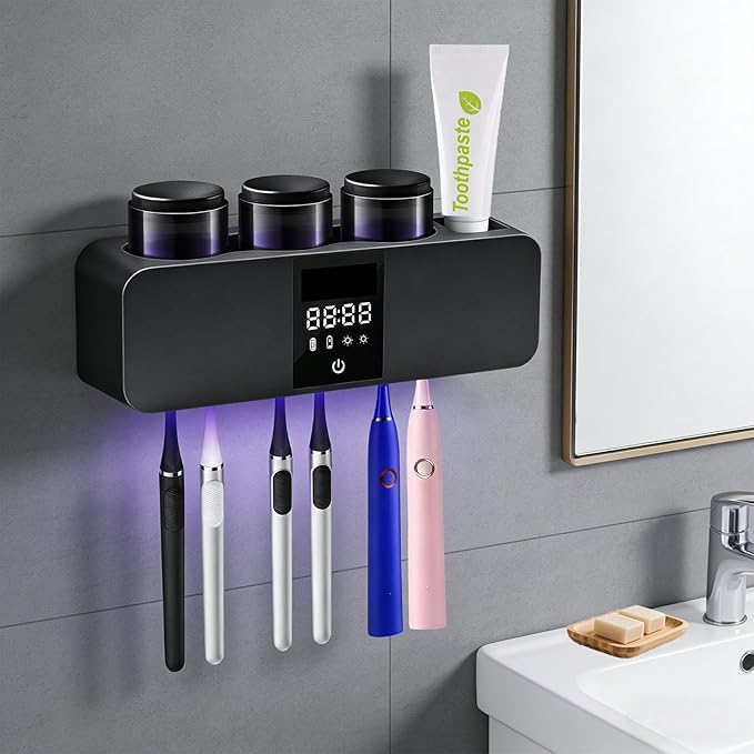Smart Toothbrush Sterilizer & Holder with Toothpaste Dispenser - Shmian 6-Slots Wall Mounted Cleanser with Rapid Drying, LED Display and 3Cups, Rechargeable for Family Bathroom (Dark Grey)