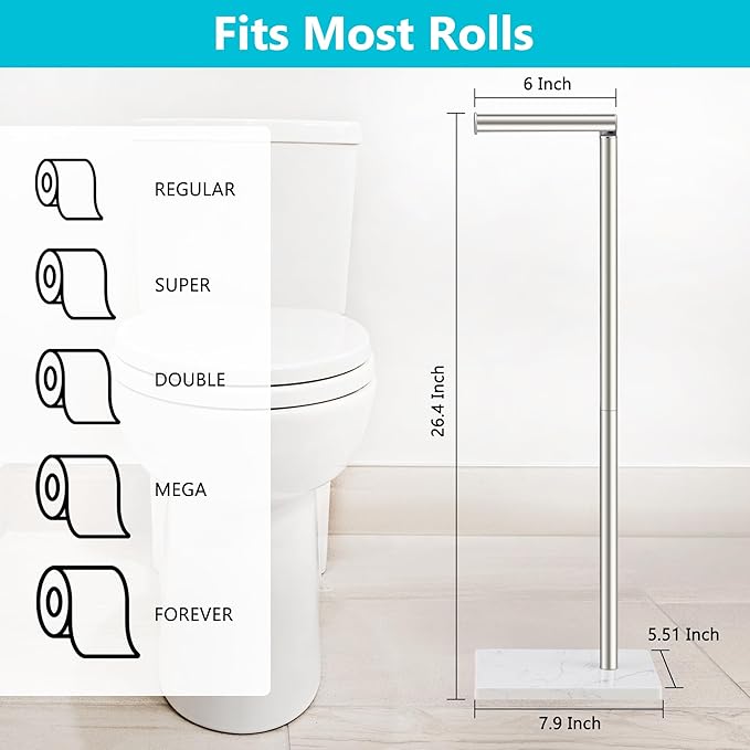 Toilet Paper Holder Free Standing, 6 Rolls Modern Stainless Steel Standing Bathroom Toilet Paper Roll Holder Stand with Storage Brushed Nickel Tissue Holder, Marble Base, Naturous