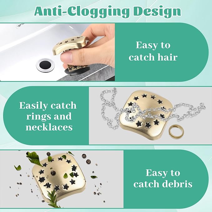 Bathtub Drain Hair Catcher Push Stopper,Stainless Steel Tub Drain Protector,Suitable for US Standard 1in-1.5in Diameter of Drain Hole (Brushed Gold)